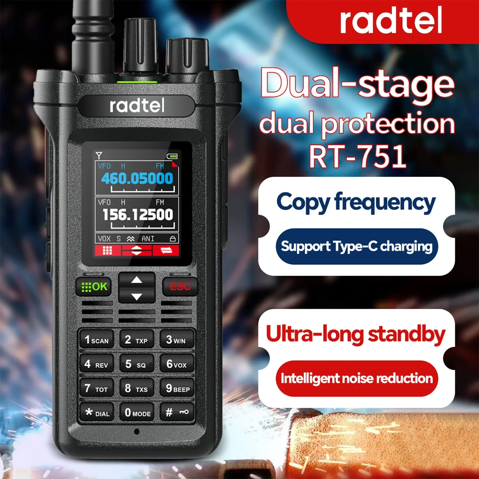 Radtel RT-751 듀얼 밴드 워키토키, 아마추어 햄 라디오, 199CH HT USB-C 배터리, NOAA FM AM 양방향 라디오, 10W 에어 밴드