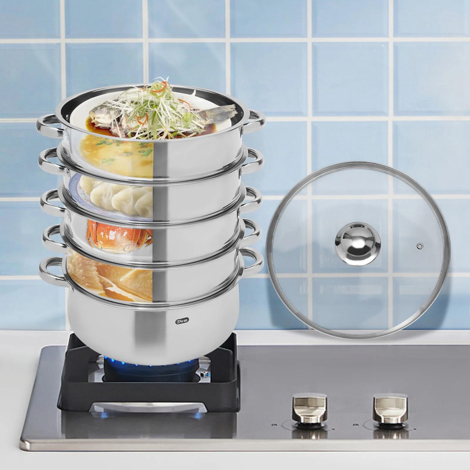 5 Tier Stainless Steel Steam Cooker Steamer Set Pan Cook Pot with Glass Lid