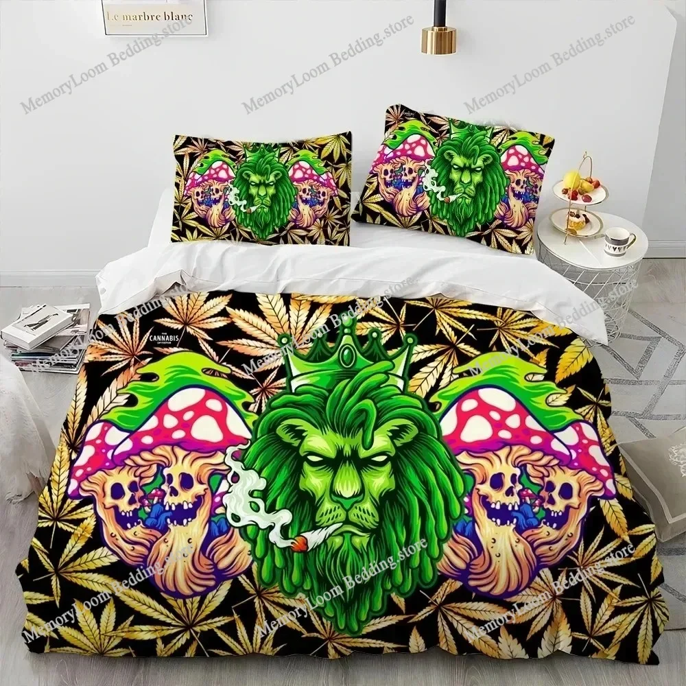 Artwork Unique Maple Weed Plant Green Death Skull Smoke Bedding Set Queen/King Size Duvet Cover Comforter Soft Cozy Home Textile