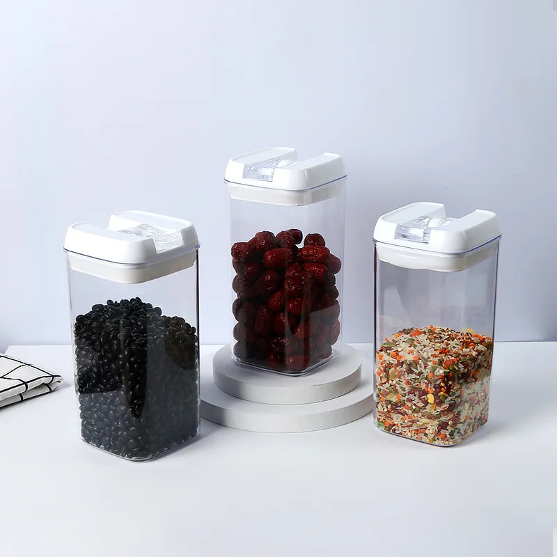 1PC Home Creative Lid Sealed Jar 0.5-1.9L Kitchen Storage Box Transparent Square Fresh-Keeping Grain And Miscellaneous Grain Jar