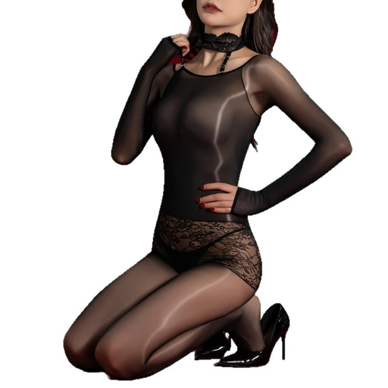 مثير النفط لامعة لامعة داخلية النساء طويلة الأكمام حللا شفافة تخزين الدانتيل الربط جوارب طويلة السيدات المثيرة الملابس الداخلية #6