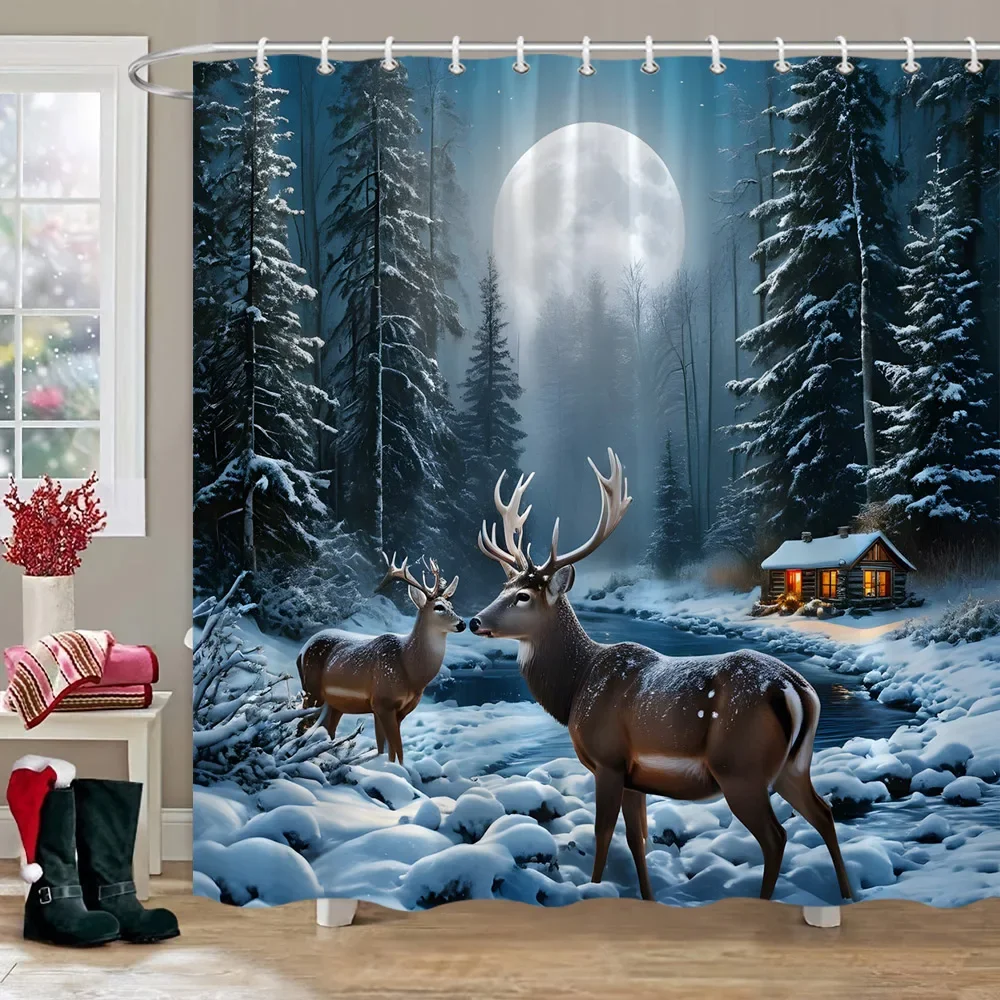 Winter Snow Forest Deer Shower Curtain Christmas Nature Landscape Christmas Gift Polyester Fabric Shower Curtains Bathroom Decor