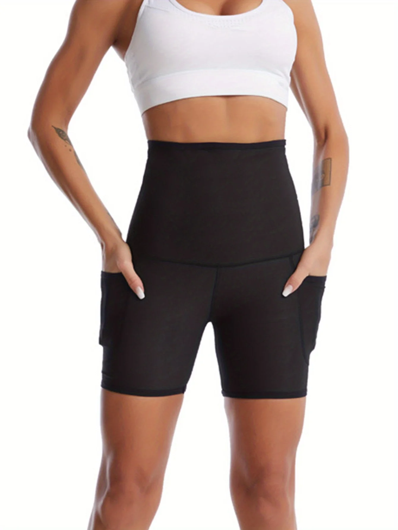 1 Piece of High Waisted Sports Shorts, Elastic Waist, Abdominal Sports Shorts, Training Pocket, Yoga, Running, Sauna Suit