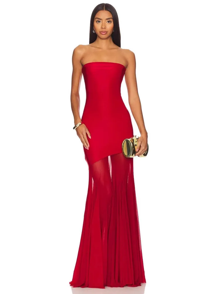 XIAOTANG Off-shoulder Strapless Sexy Maxi Dress Women Gown Fashion Elegant Mesh Sleeveless Backless Bodycon Club Party Dresses