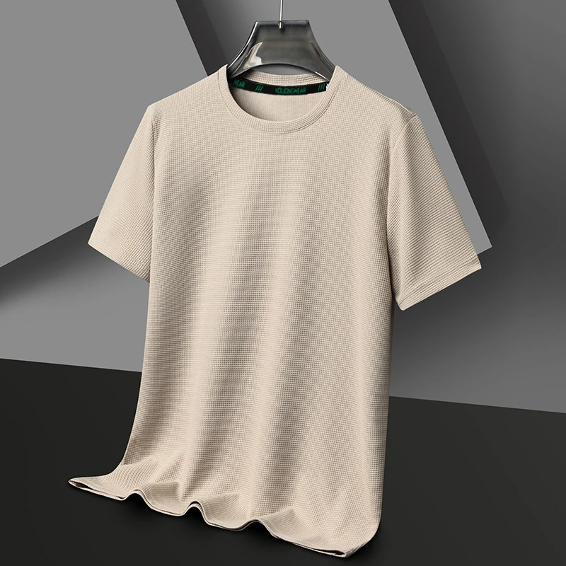 Neues Sommer-T-Shirt mit Rundhalsausschnitt und Waffelmuster für Herren mit kurzen Ärmeln