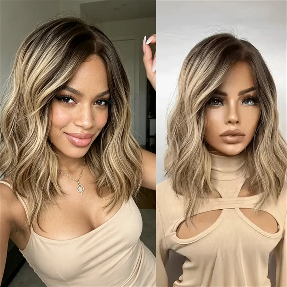 Balayage Blonde Synthetic Wig with Brown Roots Short Wave Lace Frontal Wig 13x4 for Women Daily Party Use Jewish Hair Style