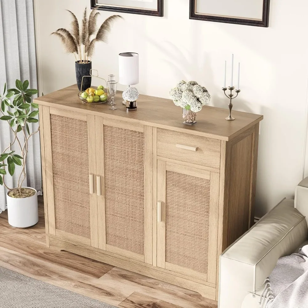 Bar Storage Cabinet, Sideboard Buffet Cabinet with Rattan Decorated Doors, Farmhouse Console Table with Drawer, Natural