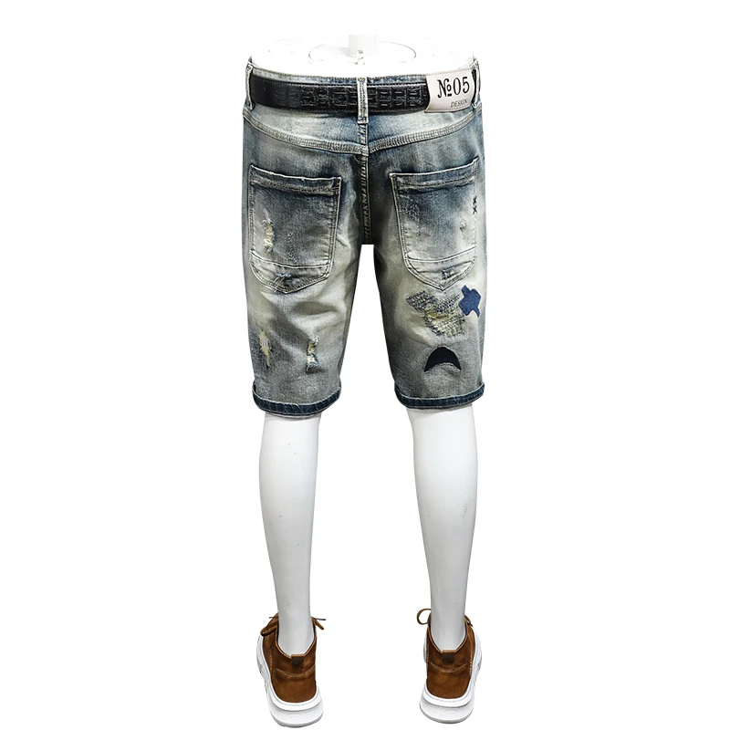 Retro Denim Shorts Men's Nostalgic Hole & Patch Fashion Individual Casual Stretch Slim Fit Summer Pirate Shorts