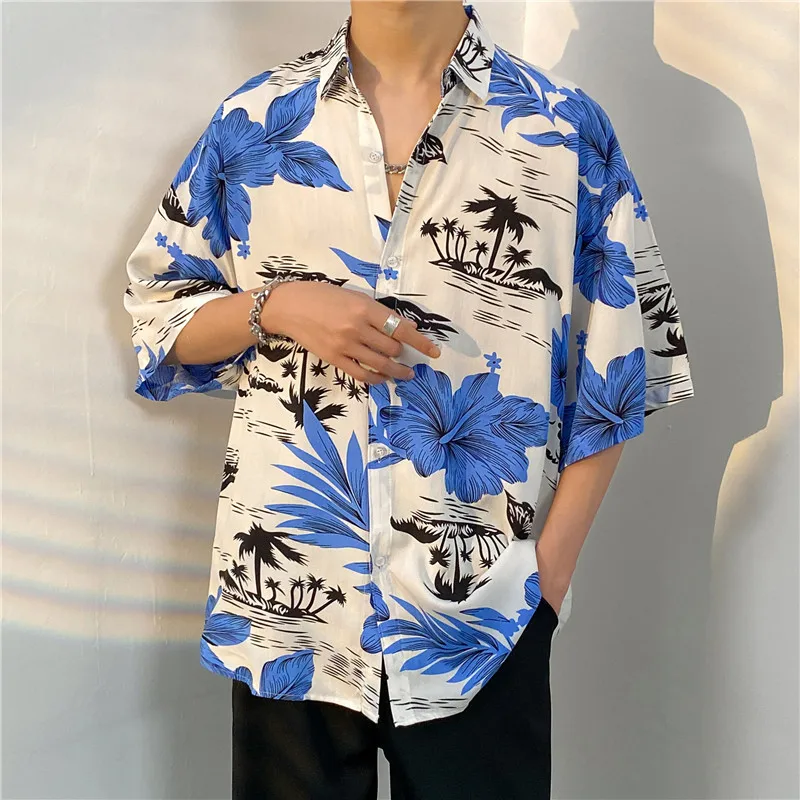 Heren zomer aan zee Hawaiiaans bloemenshirt met korte mouwen, knappe, veelzijdige topmode, strandvakantie, losvallend overhemdjack