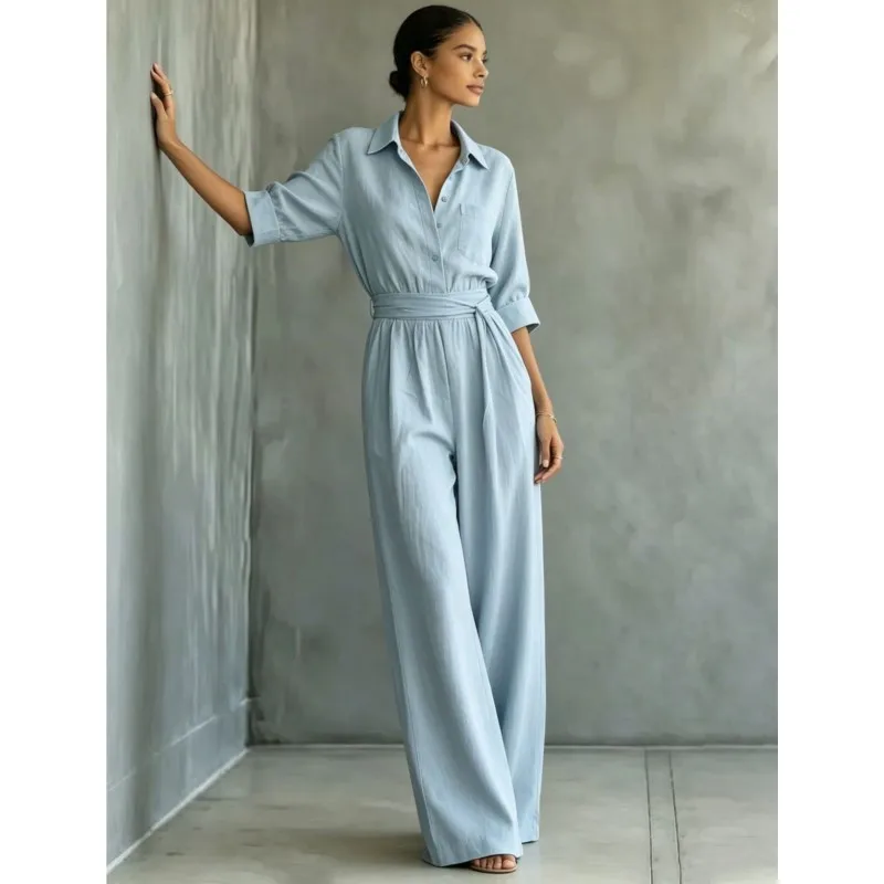 Fashion Solid Color Women's Jumpsuit Spring Autumn Lapel Button Half Open Design High Waisted Jumpsuits Lady Commuting Clothing