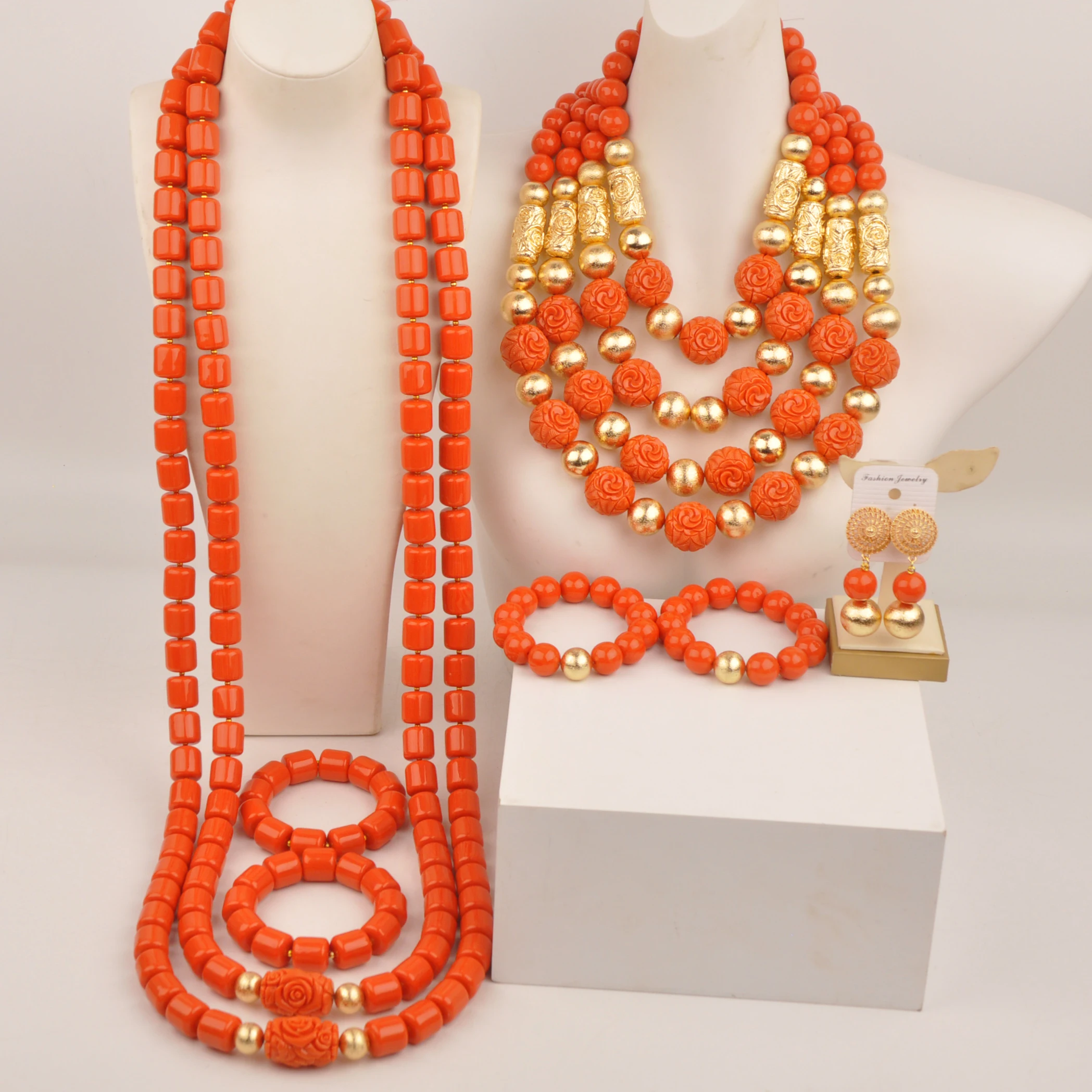 African Wedding Necklace Orange Artificial Coral Bead Nigerian Couple Jewelry Sets