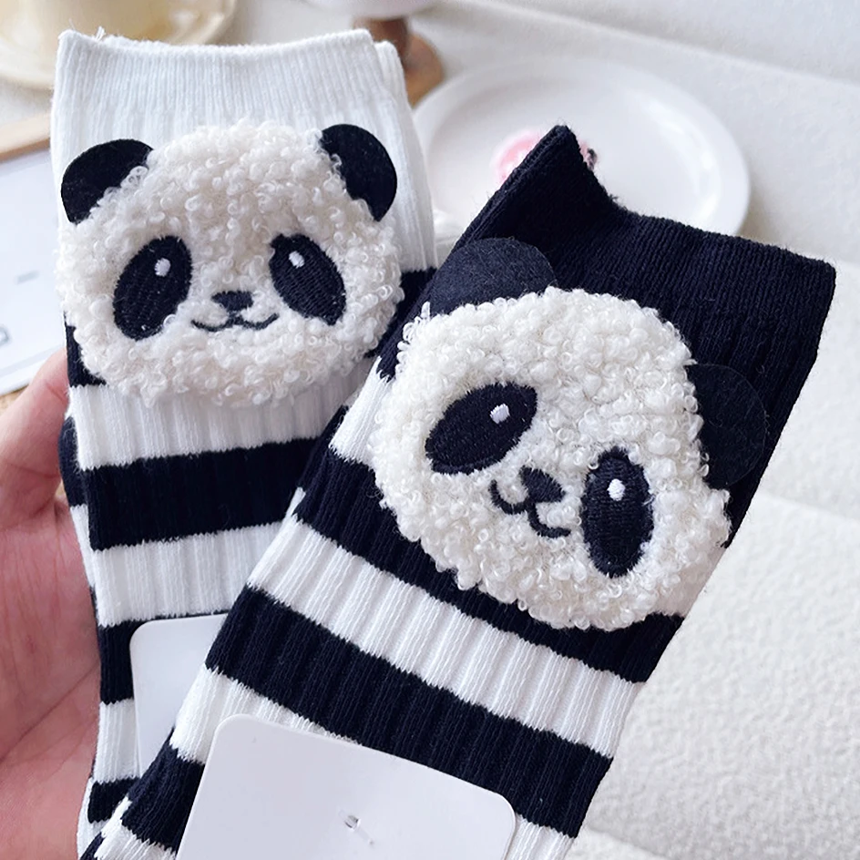 

Kawaii Panda Socks Women Black White Striped Socks Fashion Cute 3D Cartoon Animal Stockings Female Harajuku Cotton Loose Socks