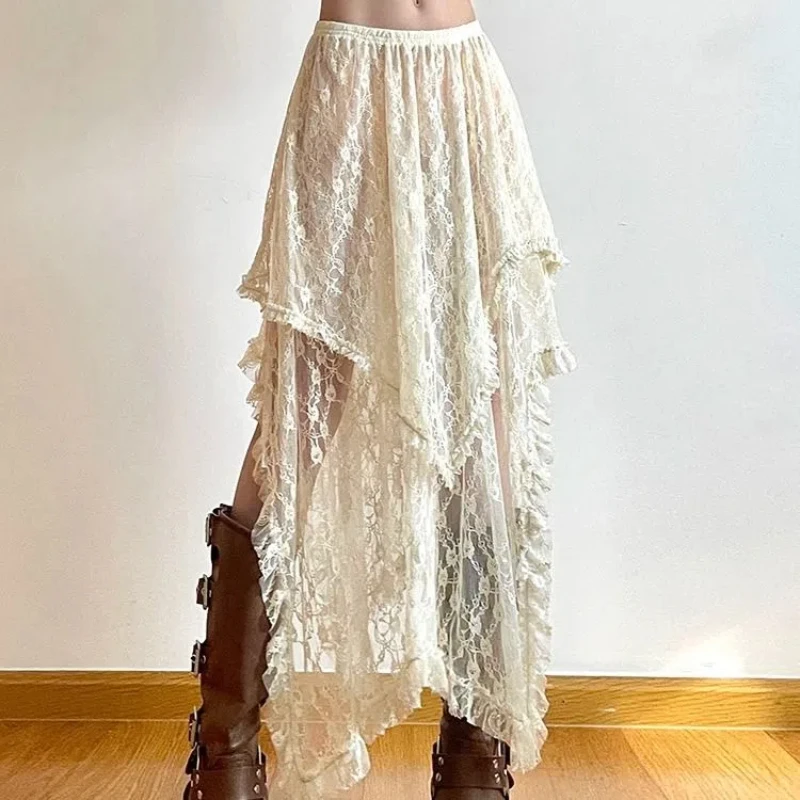 

Autumn Restoration Gusen Style Irregular Lace Skirt Bohemian Nomad Style Versatile Pendulum Versatile Overlapping A-line Skirt