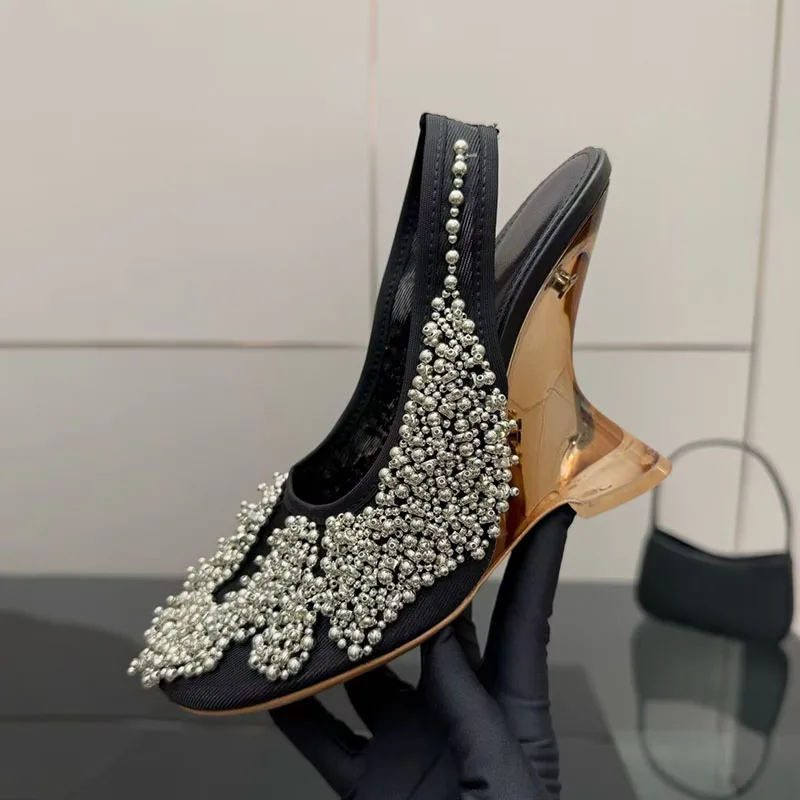 Strange Clear High Heel Pumps Women Round Toe Mesh String Bead Decor Slingback Sandals Runway Party Banquet Dress Fairy Shoes