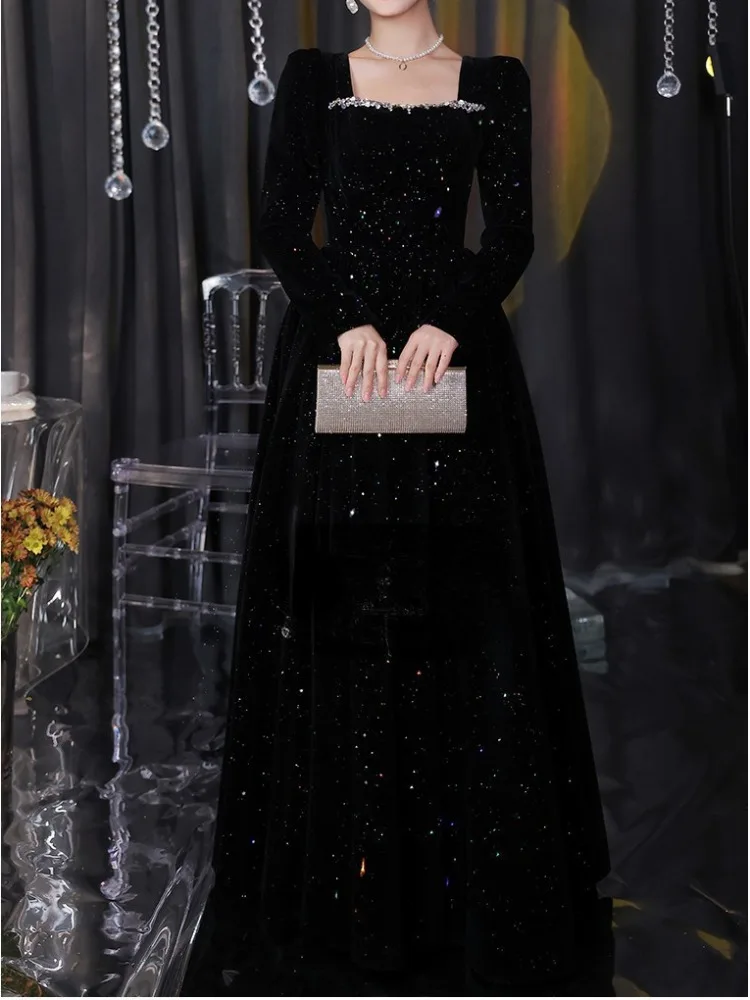 Customized Velvet Palace Style Beading Wedding Party Vestidos Square Collar Long Sleeve Simple Prom Dresses Simple Gentle Evenin