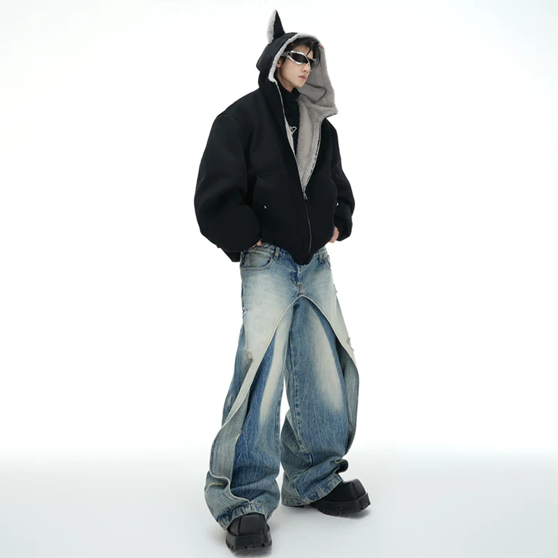 LUZHEN Personalizowany Projekt 2025 Dwustronna Modna Kurtka z Kapturem Męska Zimowa Ocieplana Futrem Oryginalna Luźna Parka JY4722