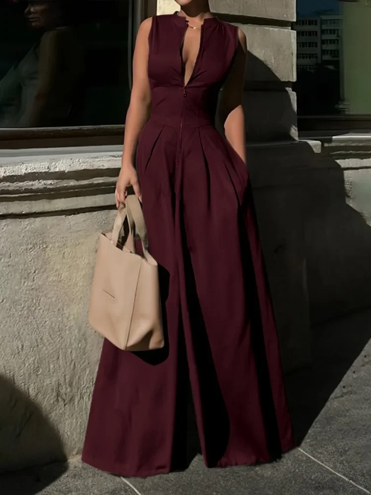 

Yeezzi Office Lady Commute Overalls Women 2025 New Summer Sleeveless Loose Fashion V-Neck Zipper High Waist Wide Leg Jumpsuits
