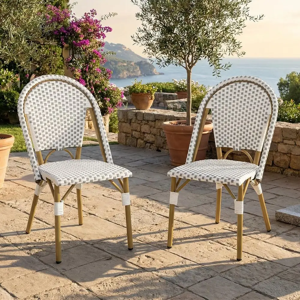 

Outdoor Weather-Resistant Rattan Wicker Chairs Set of 2, Suitable for Patio, Garden, Backyard, with Bamboo Print in White Gray