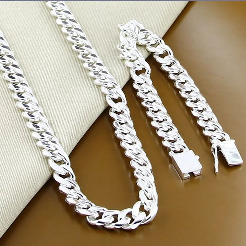 925 Sterling Silver 10MM 50-60CM Square Buckle Necklace Bracelet Set Birthday Party Anniversary Gift