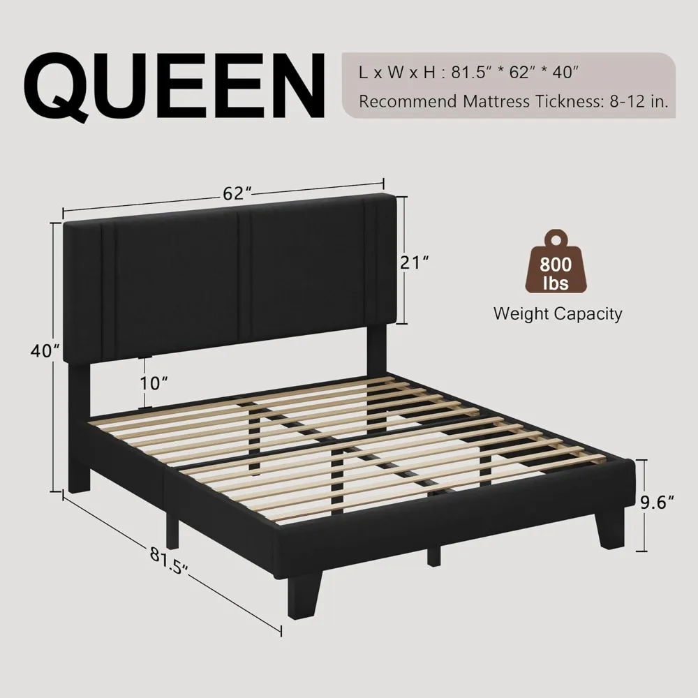 Estrutura de cama estofada queen size com cabeceira de tecido de linho, suporte de ripas de madeira forte, sem ruído, sem necessidade de molas