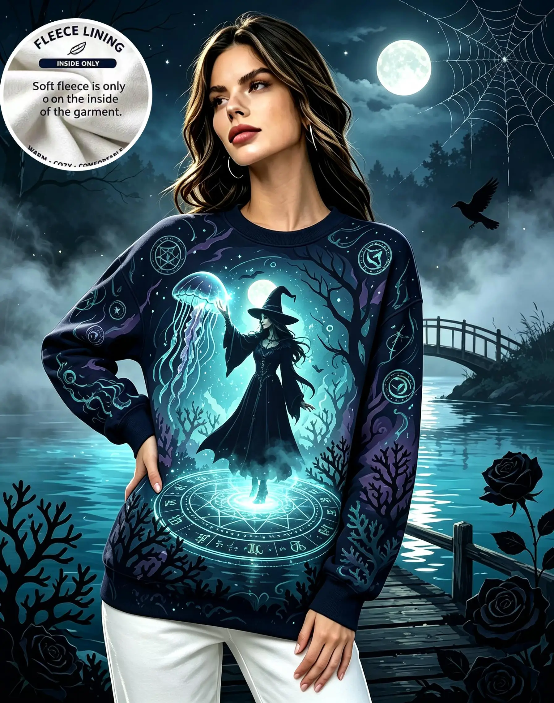 Women Crew Neck Sweatshirt Fleece Lined Halloween Witch Magic Potion Print Long Sleeve Loose Casual Pullover Tops