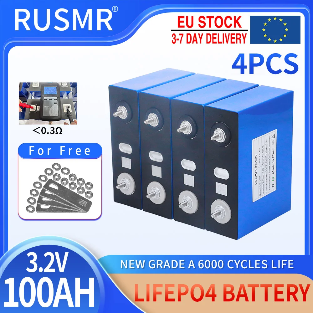 

4PCS 3.2v 100ah Lifepo4 Lithium Iron Phosphate Battery DIY 12V 24V 36V 48V Grade A Rechargeable Cells For Solar Storage System