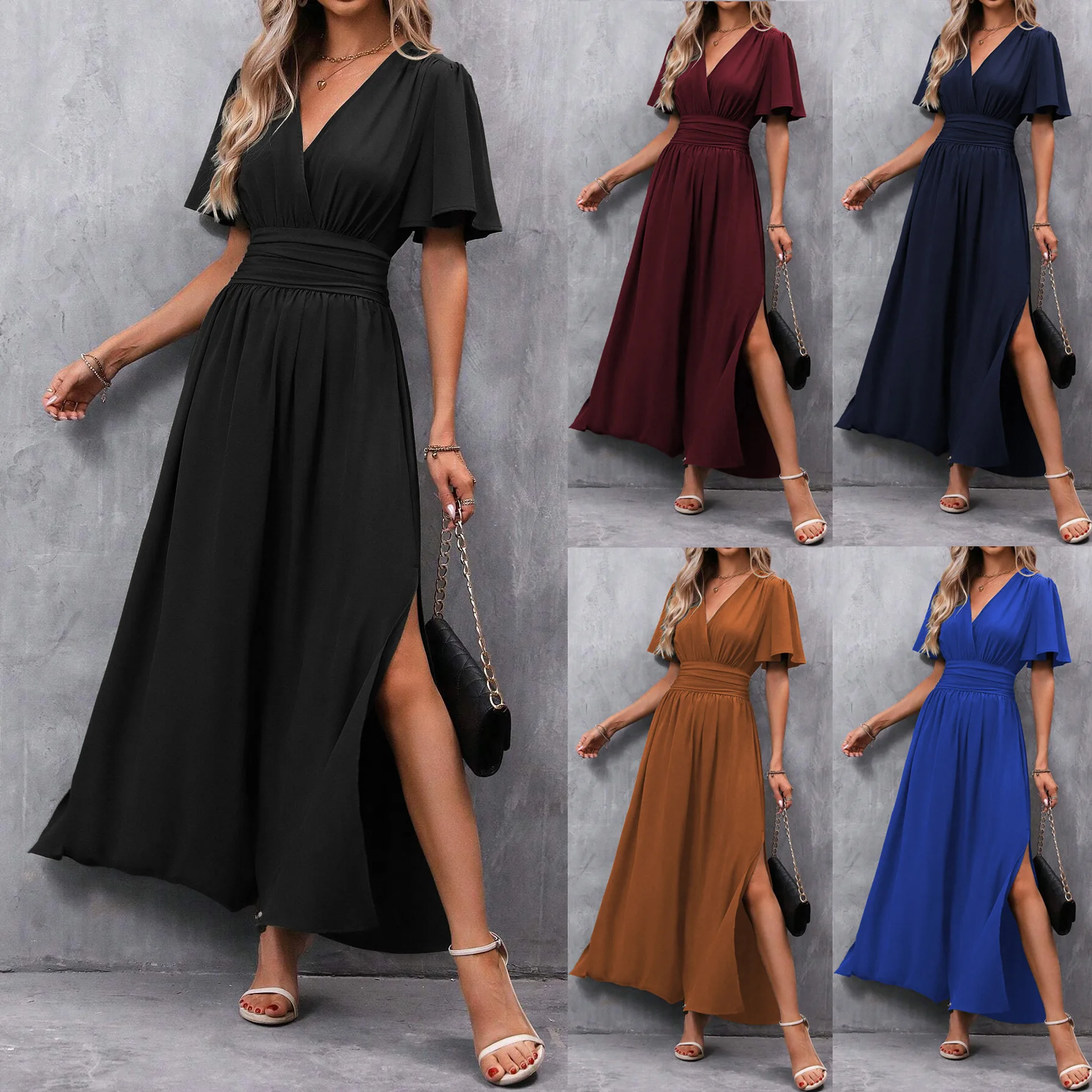 Neues Damen-Maxikleid mit V-Ausschnitt, kurzen Flatterärmeln, geraffter Taille, A-Linie und Seitenschlitz – Elegantes Party- und Hochzeitsgastkleid