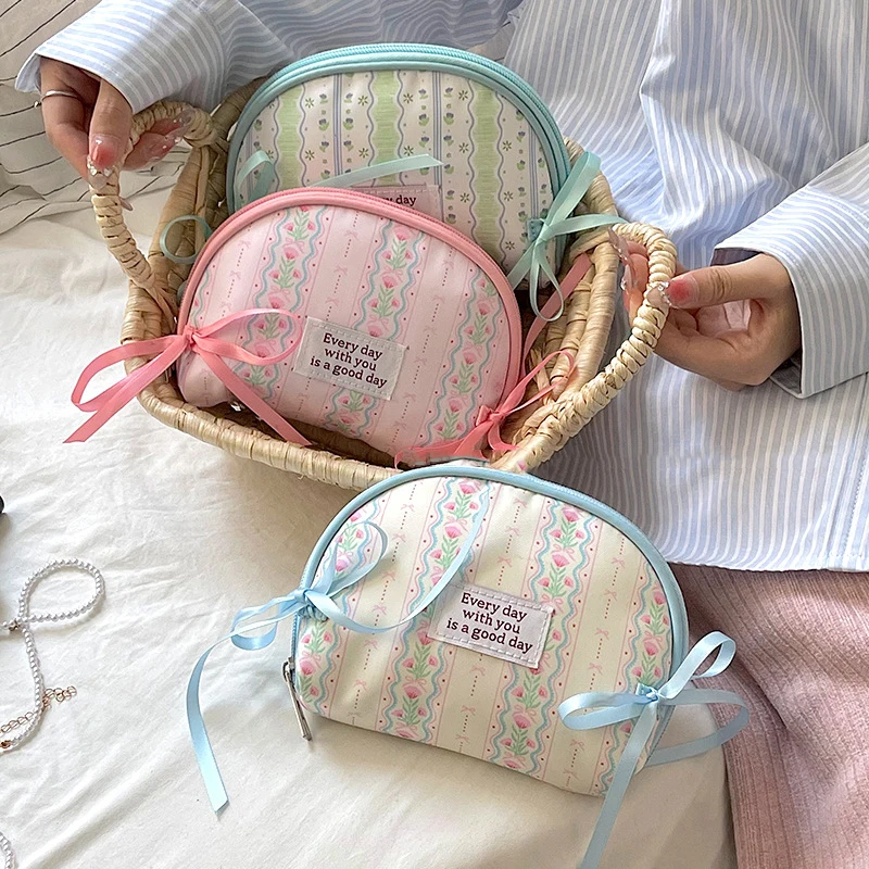 

Ribbon Bow Cosmetic Bag Ins Floral Makeup Bag Portable Mini Travel Storage Bag Coin Key Bag Card Bag