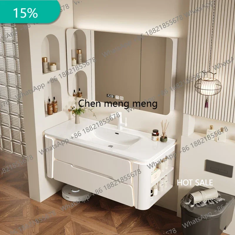 Modern Mirror Bathroom Cabinet Ceramic Integrated Basin Wash Cabinet Combined Intelligent Sensor Light Badschrank Furniture