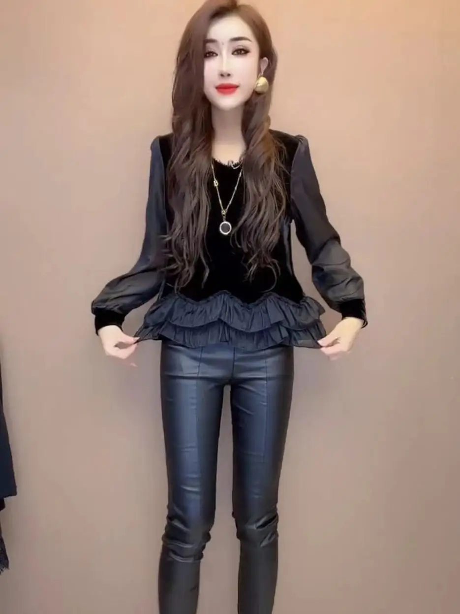 Korean style autumn and winter new style fashionable slim long-sleeved top for women's fashionable spliced velvet shirt