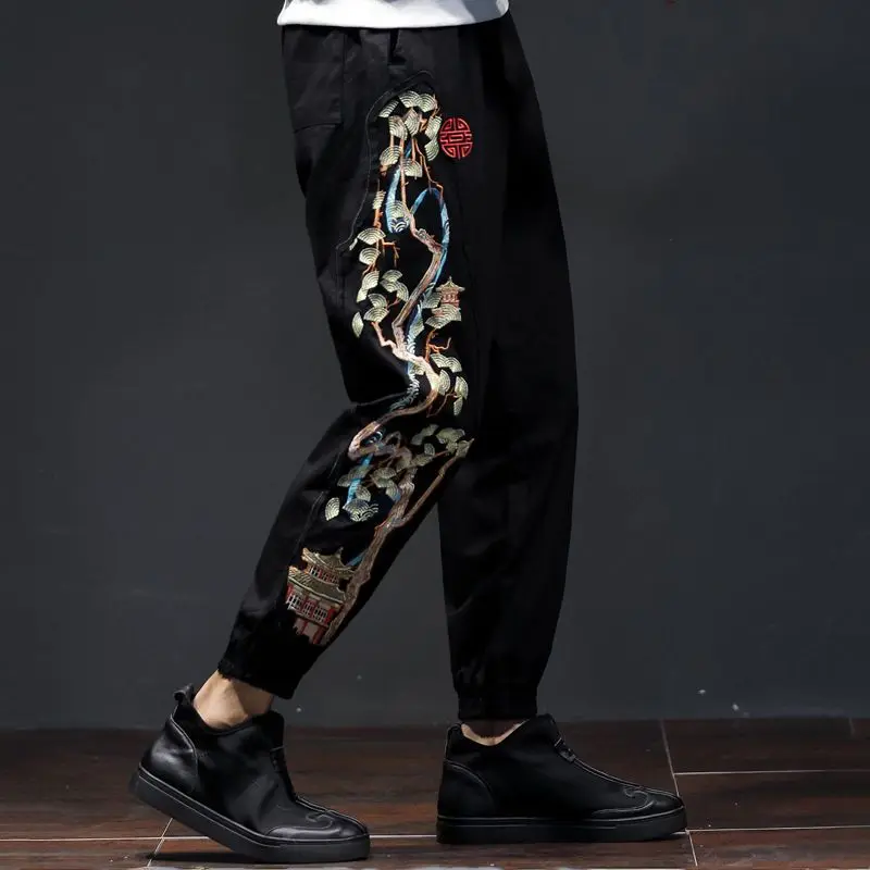 Pantalones casuales para hombre con estampado de cintura elástica, ropa bordada, bolsillos, pies atados, tendencia, combina con todo, joven, primavera, otoño, nueva moda