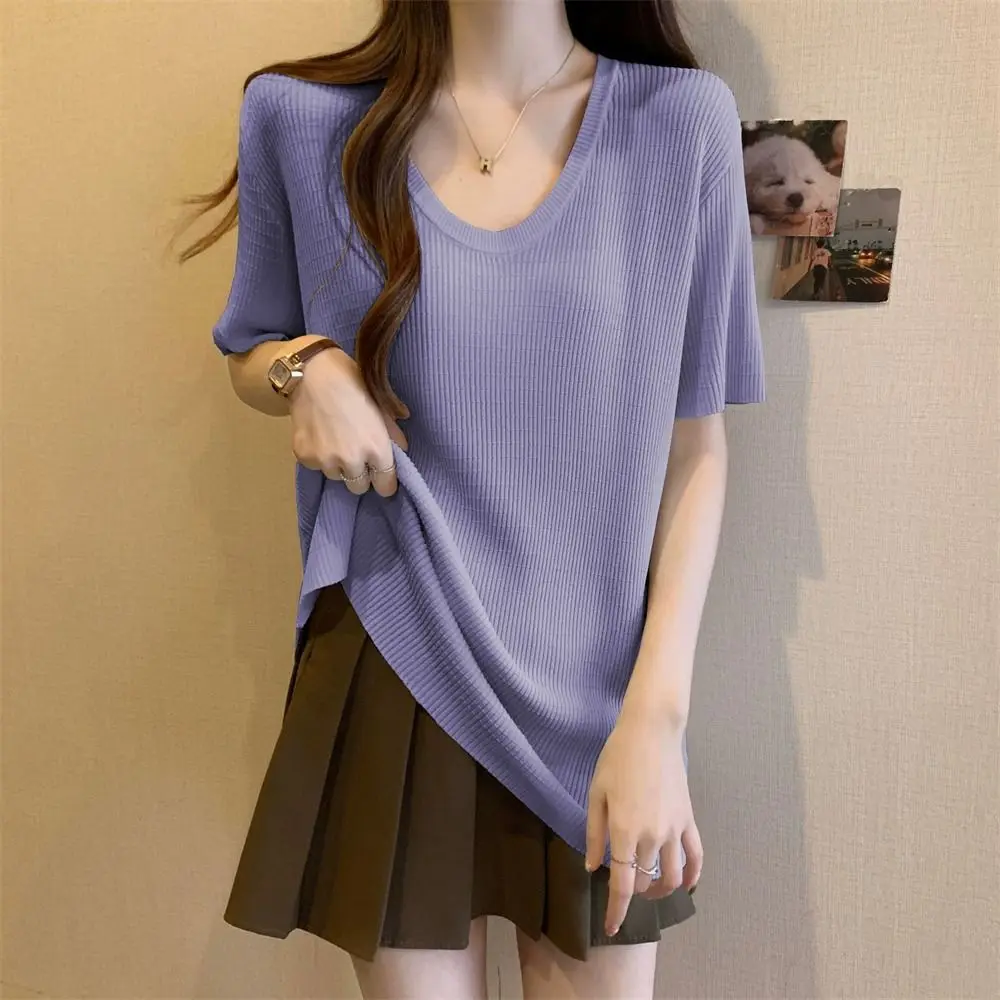 Tyle for Covering the Fart Shoulders Ice Silk Short-sleeved T-shirt for Women Fat Mm Belly-covering Slimming Loose V-neck Top