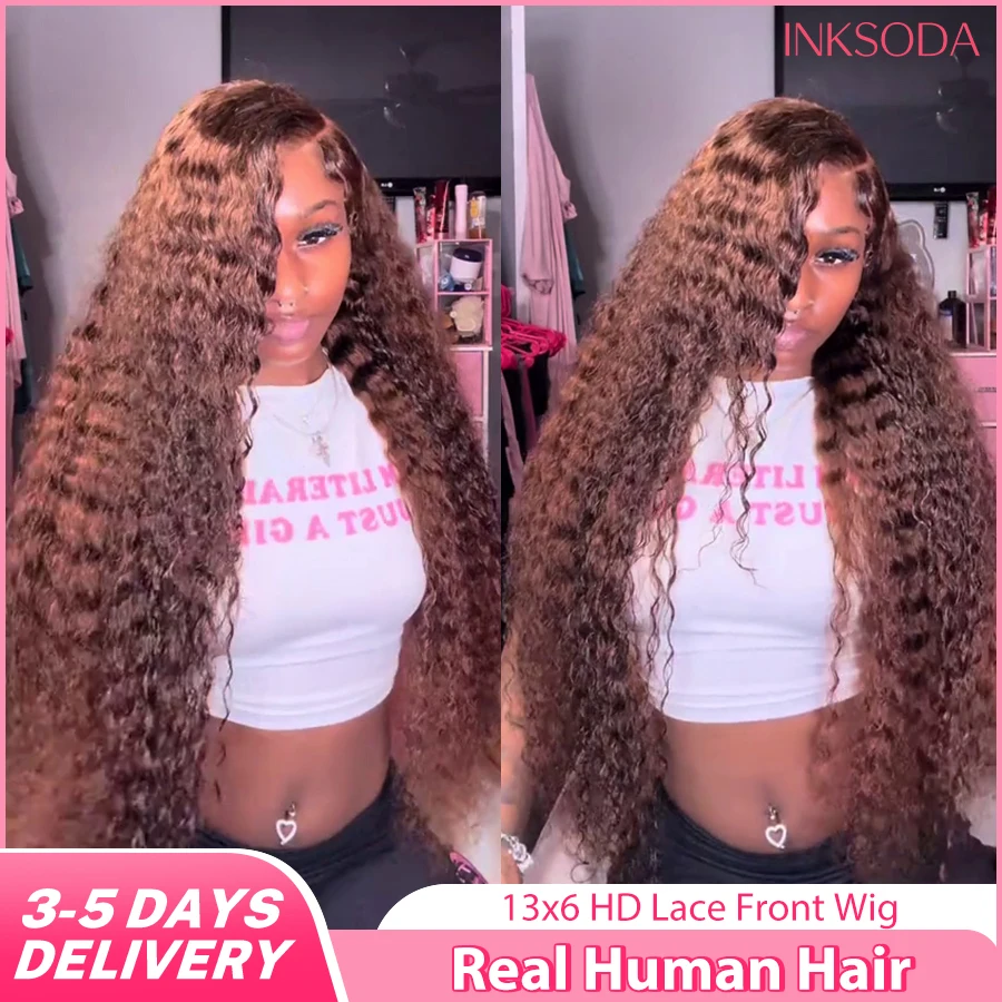 

Chocolate Brown Colored Lace Front Wig Deep Wave 13x6 HD Lace Frontal Human Hair Wigs For Women Curly Wigs Glueless Water Wave