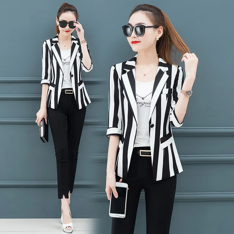 Casual Blazer Fashion Black and White Suit 2024 Spring Autumn Women Blazers Coat New Ladies Temperament Casual Striped Jacket