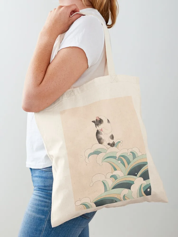 

Cat Grooming on Ocean Waves Tote Bag shopping bags foldable shopping cart bags Women's beach bags custom tote bag