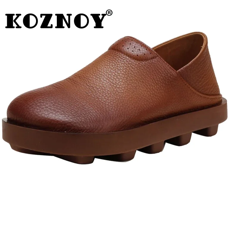 

Koznoy Ergonomic Shoes 3cm Retro Cow Genuine Leather Autumn Slip on Soft Rubber Soled Flats Leisure Loafer Ethnic Woman Comfy