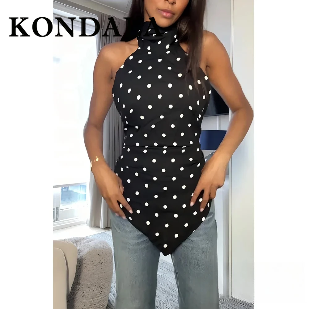KONDALA Chic Dot Woman Streetwear Vest Buttons Sleeveless Neck-mounted Tops Fashion 2025 Summer High Street Female Slim Tops