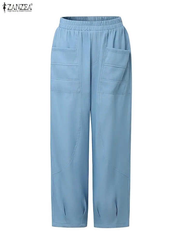 ZANZEA otoño moda mujer pantalones largos bolsillos pantalones cónicos 2025 pantalones de cintura elástica Casual sólido elegante Capris sueltos