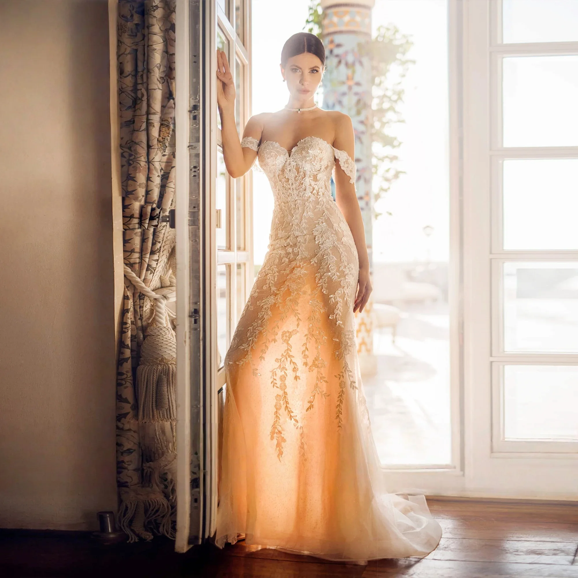 فساتين زفاف حورية البحر الرائعة المخصصة على شكل قلب بدون أكتاف فيستدو دي نوفيا ذيل قابل للانفصال مزين بثوب الزفاف