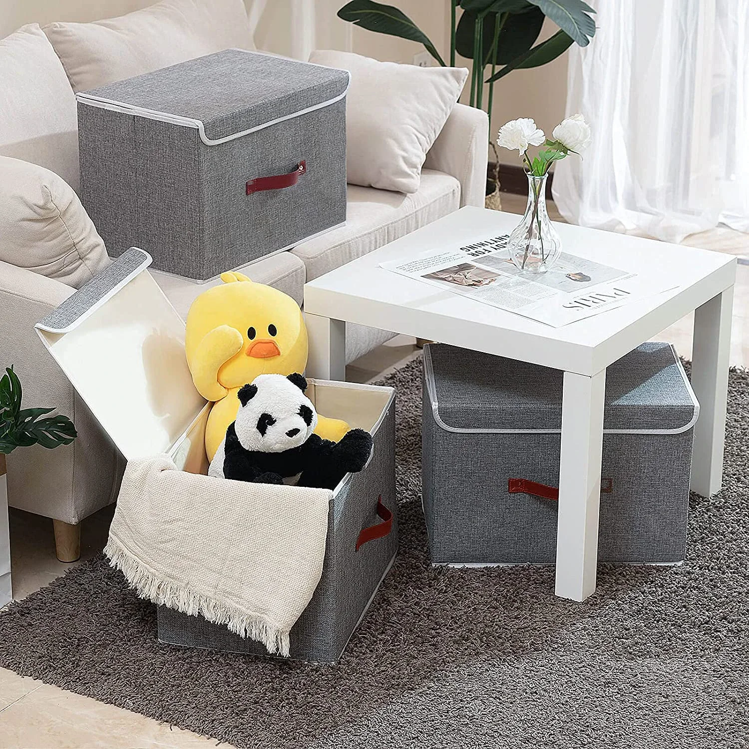 New Linen Fabric Foldable Storage Box Cube Closet Organizer for Toys Shelves Clothes with Lid Faux Leather Handles