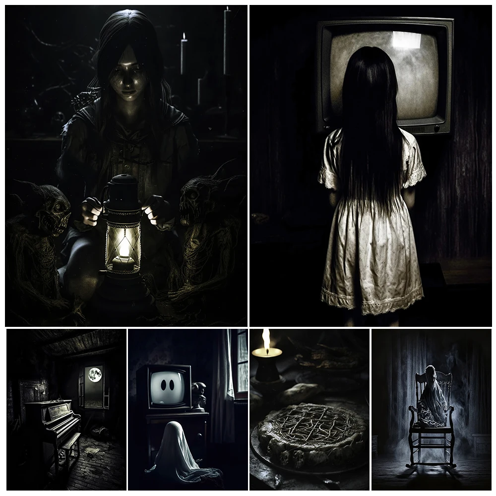 Creepy Night,Dilapidated Haunted House,Lonely Ghost,Corrupt Rose vintage Canvas Wall Art Horror Witchcraft Poster Print Decor