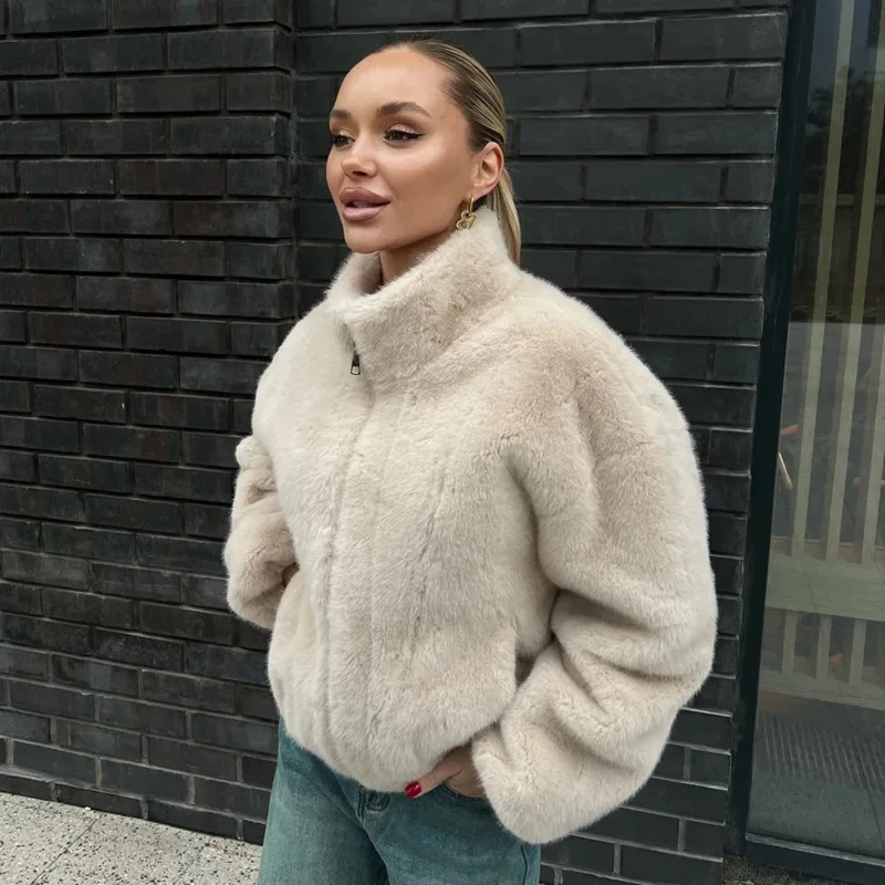 2025 Autumn Winter Women Faux Fur Jacket Thick Warm Stand Collar Plush Zipper Coat Casual Short Outerwear Streetwear Trendy New