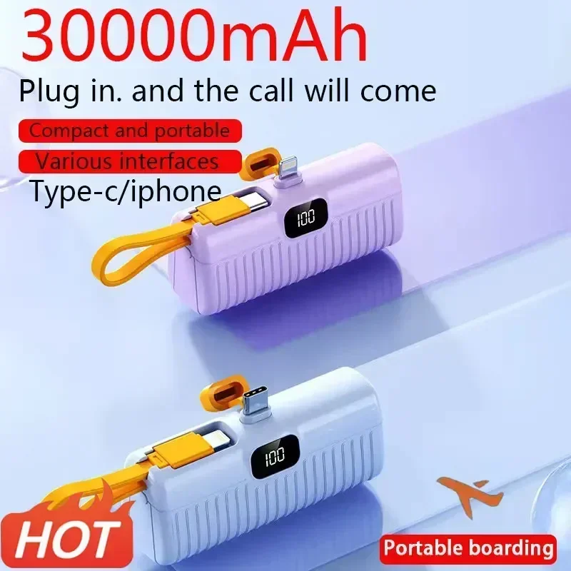 

2024 New 30000mAh Mini Digital Display Power Bank Portable Built-in Data Cable Powerbank Plug and Play for IPhone Samsung Huawei