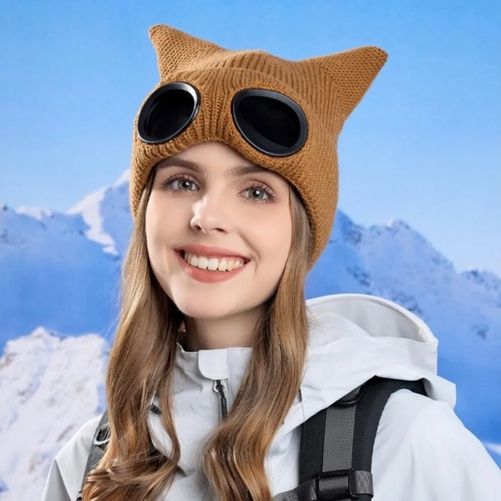 Cute Warm Winter Beanie Windproof Thickened Skullies Hat Soft Cat Ear Ear Protection Hat for Women