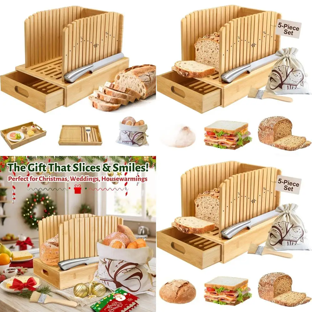 

5-Piece Bamboo Bread Cutting Set with Knife, Crumb Tray & Bag for Homemade Sourdough