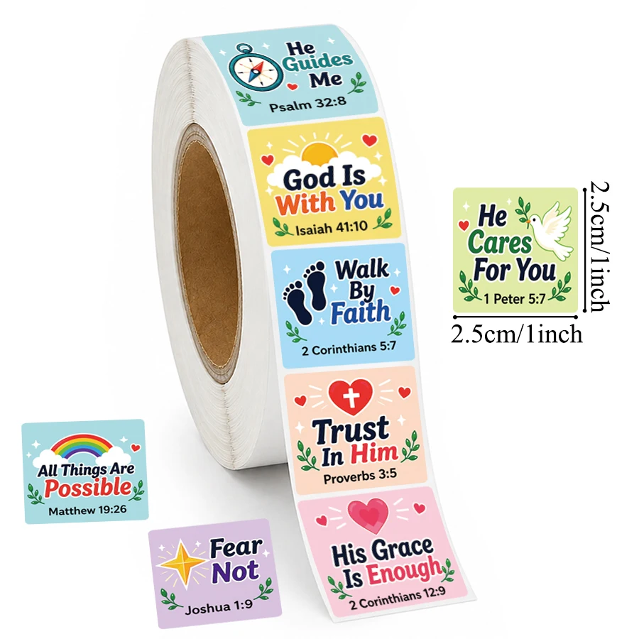 500 Pcs Christian Bible Verse Labels Roll, Inspirational Scripture Stickers, Faith Based Gift Packaging Seals for Journals