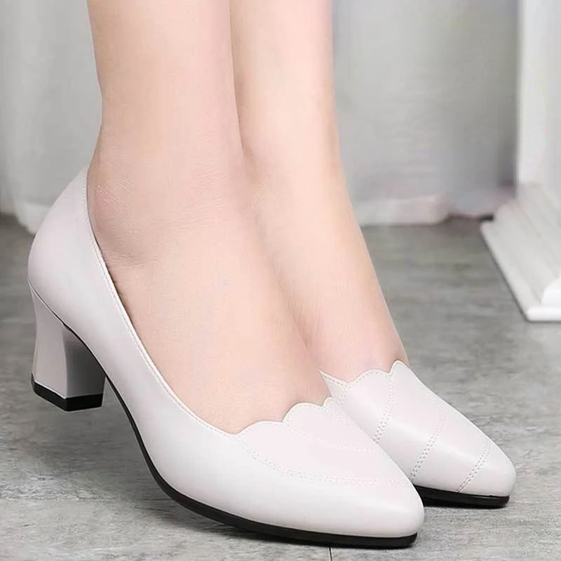 Spring Autumn High Heels for Women British Ladies Shoes Slip-On Pumps Fashion Block Heel Loafers Breathable 2024 Chaussure Femme