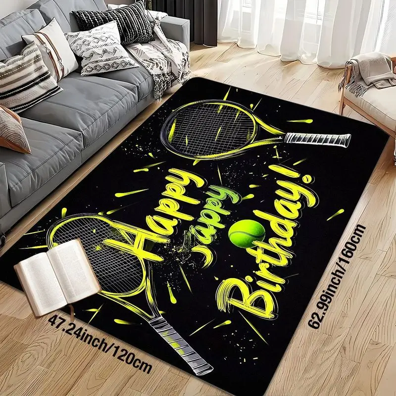 Flannel Printed Tennis Birthday Rug Happy Birthday Design Soft Fleece Floor Mat Living Room Carpet Sport Party Decor Rugs