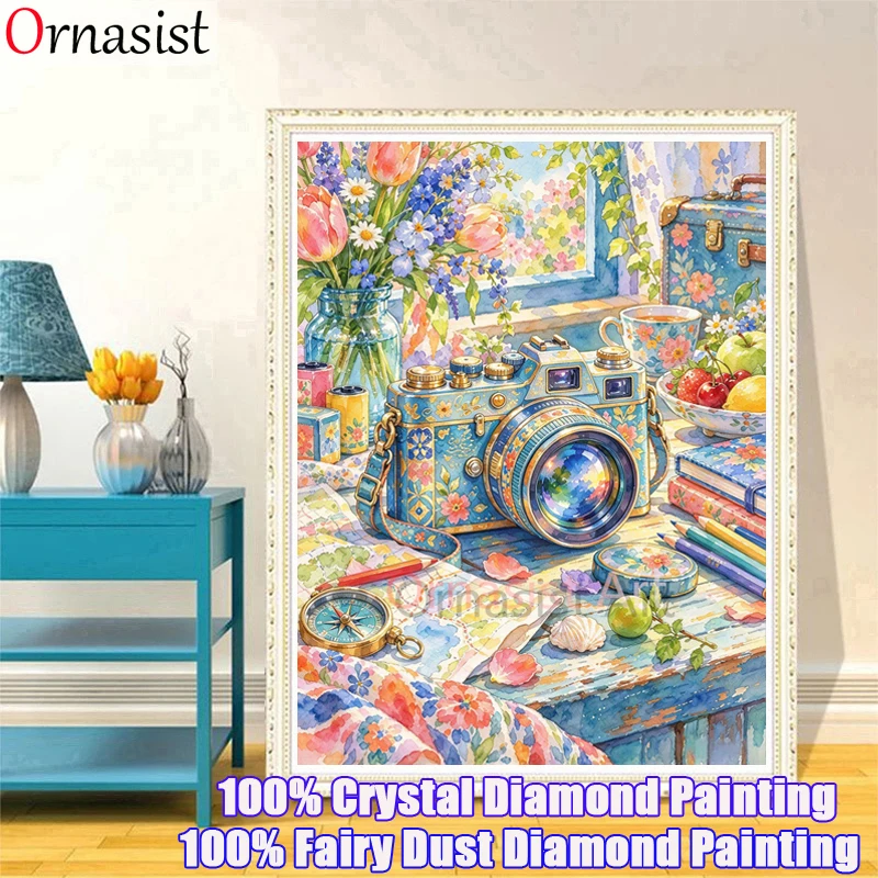Camera 5D DIY Fairy Dust Diamond Painting Cross Stitch Flowers Full Crystal Diamond Mosaic Art Spring Landscape Set Home Decor