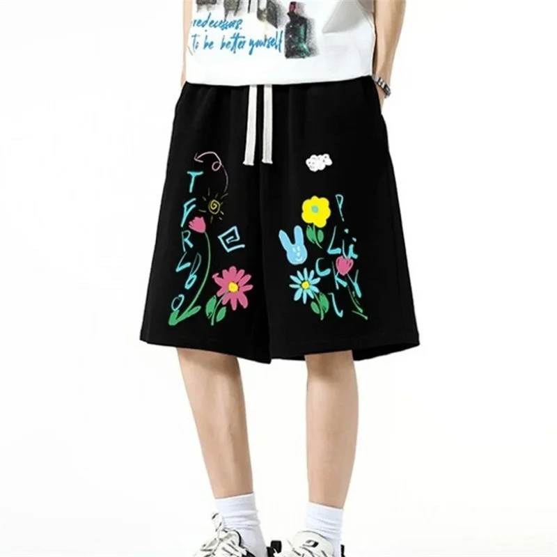 

Летние мужские прямые шорты с цветочным принтом граффити, модные молодежные мешковатые бермуды в стиле хип-хоп, новинка 2025 года, уличная одежда Y2K, короткие шорты для спортзала